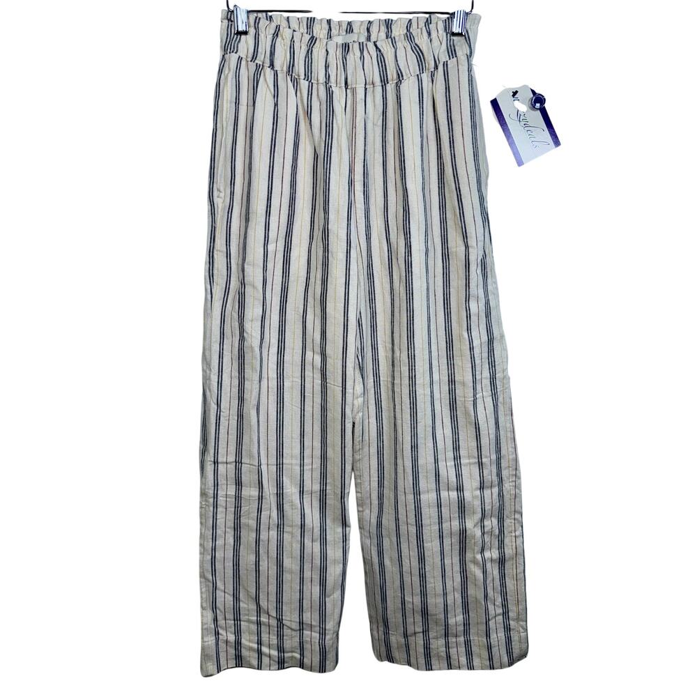 Abercrombie & Fitch Cream Navy Blue Striped Linen Wide Leg Pants Womens Size S R - Picture 1 of 8
